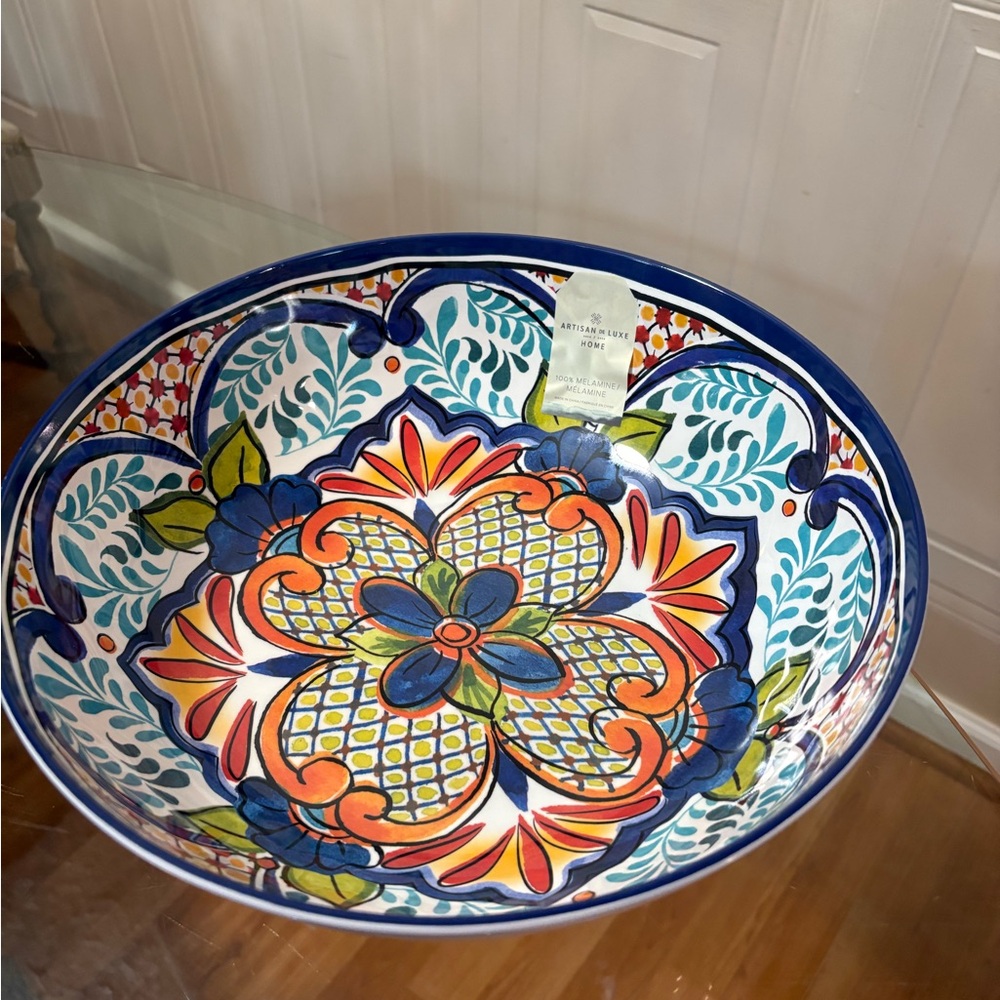 ARTISAN De LUXE Home Spanish Floral Tile SALAD Serving BOWL MELAMINE 12”L 3.5”D - Picture 6 of 6